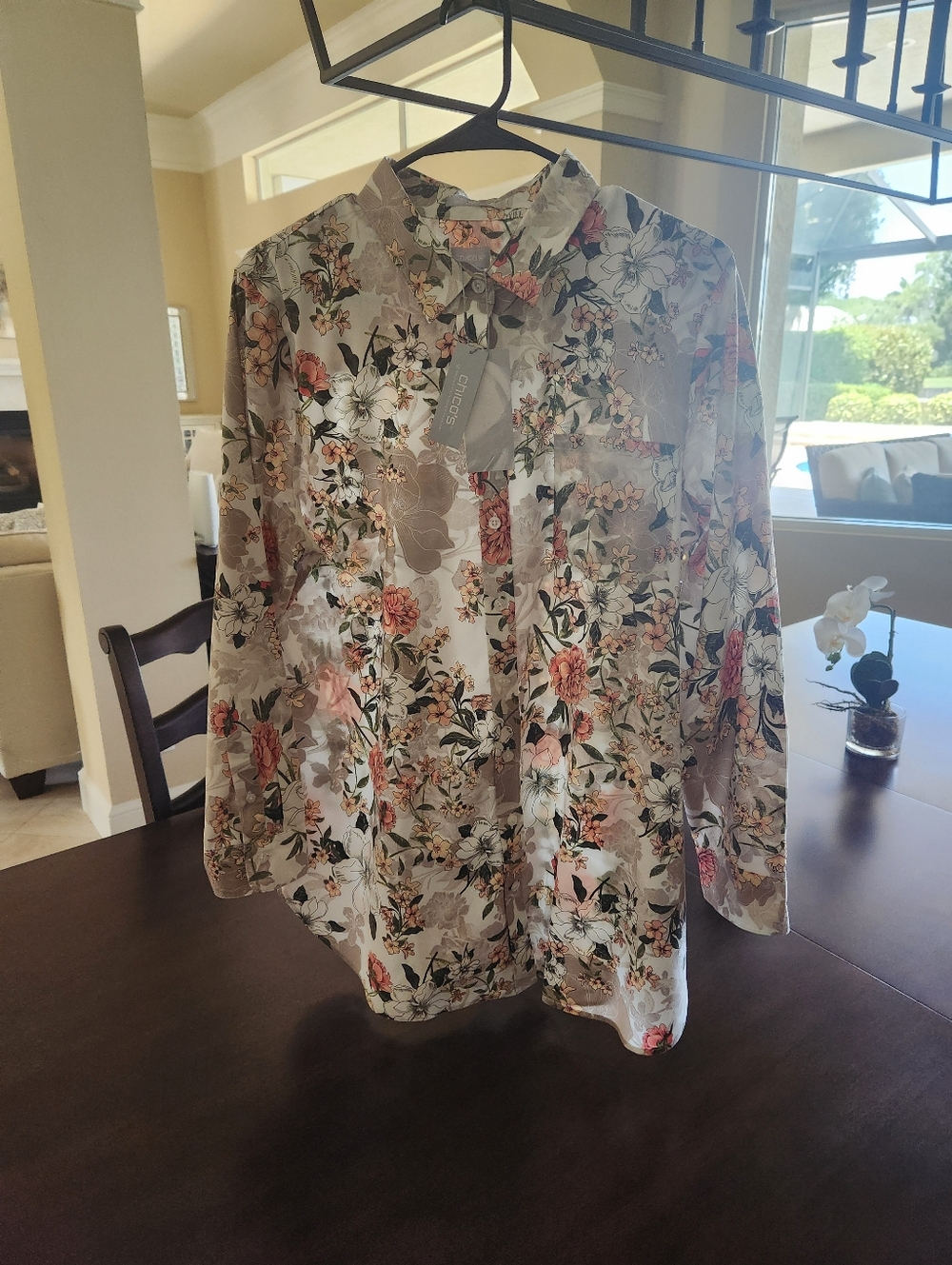Chico's Cream Floral Button-Up Tunic Length Blouse with Coral & Green Accents